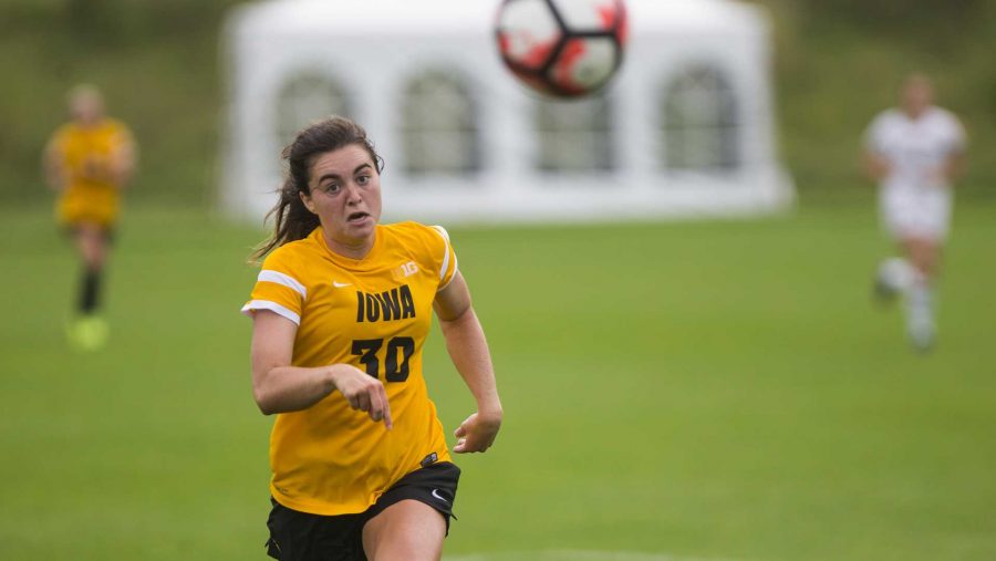 Iowas Devin Burns chases down a long pass against Notre Dame in Iowa City, at the UI Soccer Complex on Sunday, Aug. 27, 2017. (Paxton Corey/The Daily Iowan)