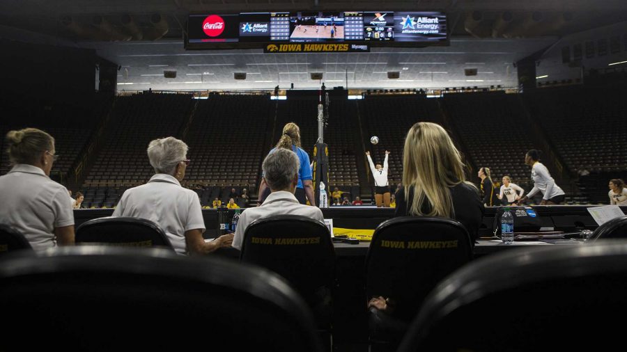 Commentators+watch+from+the+sideline+during+the+match+between+Iowa+and+Northern+Illinois+inside+Carver-Hawkeye+Arena+on+Friday%2C+Sept.+8%2C+2017.+The+Hawkeyes+went+on+to+defeat+the+Huskies+3-0.+%28Ben+Smith%2FThe+Daily+Iowan%29