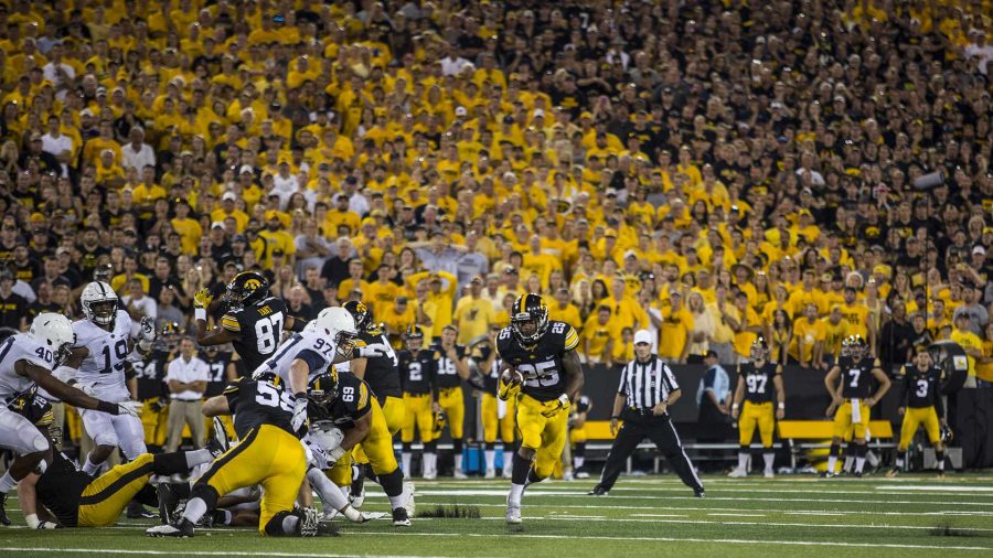 Iowa running back  Akrum Wadley breaks free for a touchdown run during Iowas game against Penn State at Kinnick Stadium on Sept. 23, 2017. Penn State defeated Iowa 21-19 on a last-second touchdown pass. (Nick Rohlman/The Daily Iowan)