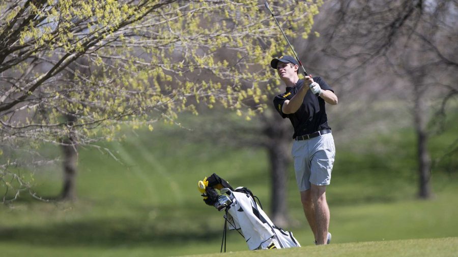 Iowas Sam Meuret follows through a swing during the Hawkeye Invitational at Finkbine Golf Course on Sunday, April 16, 2017. The Hawkeyes finished second, behind Texas Tech, in the tournament after three rounds scoring 859 (-5; 289, 285, 285). (The Daily Iowan/Joseph Cress)