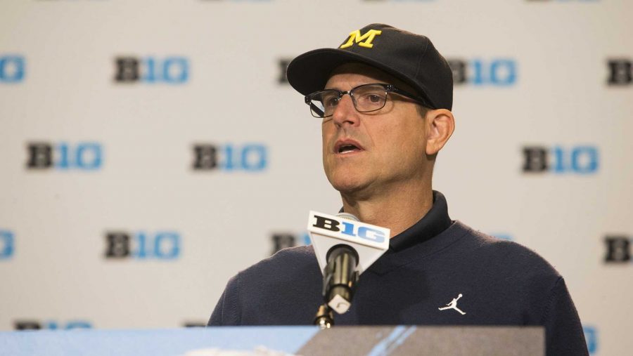 Michigan+head+coach+Jim+Harbaugh+speaks+during+the+Big+Ten+Media+Days+at+McCormick+Place+Convention+Center+in+Chicago+on+Tuesday%2C+July+25%2C+2017.+%28Joseph+Cress%2FThe+Daily+Iowan%29