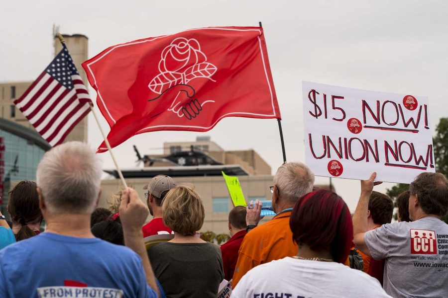Protesters demonstrate at Mercy Hospital in Des Moines on Monday Sept. 4, 2017. Protesters attended multiple events in Des Moines on Labor Day to demonstrate in support of a $15 per hour minimum wage and private sector unions. (Nick Rohlman/The Daily Iowan)