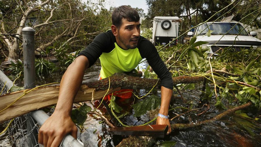 Israel Alvarado, 25, tries to open the yard fence blocked by fallen tree branches so that he can retrieve a generator from the property. In Bonita Springs, Fla., floodwaters reached waist deep in some areas, flooding homes and cars. Some residents returned on Monday, Sept. 11, 2017 to retrieve belongings. (Carolyn Cole/Los Angeles Times/TNS)