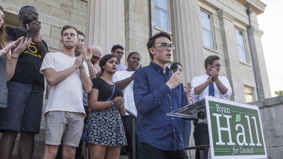 Ryan Hall speaks during his campaign announcement on the east steps of the Old Capitol building on the Pentacrest on Wednesday, Aug. 9, 2017.  Hall is a 24 year old student who is campaigning for a seat representing District B on City Council in the upcoming November election. (Joseph Cress/The Daily Iowan)