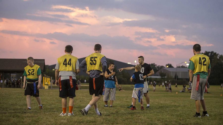 Two teams face off during a Special Olympics qualified flag football event at the Hawkeye Recreation Facility fields on Wednesday, Sept. 20, 2017.