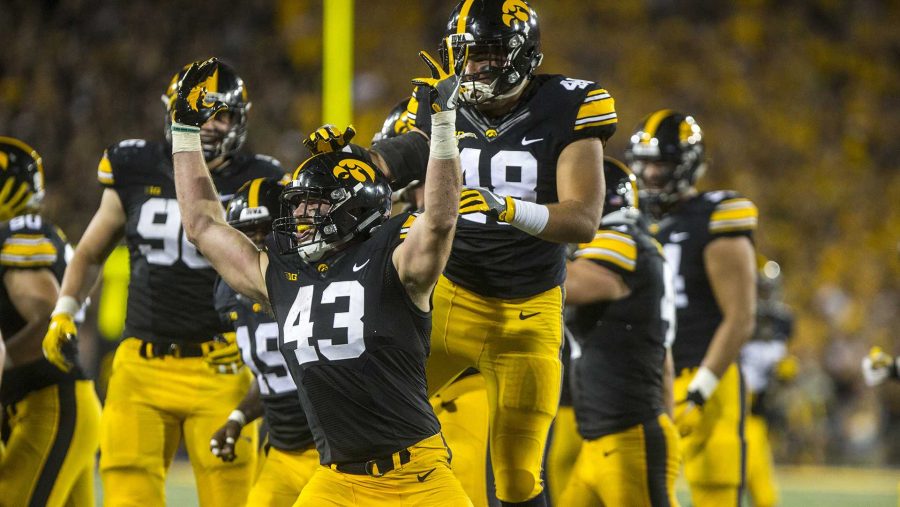 Iowa+line+backer+Josey+Jewell+celebrates+an+interception+during+the+game+between+Iowa+and+Penn+State+at+Kinnick+Stadium+on+Saturday%2C+Sept.+23%2C+2017.+Both+teams+are+going+into+the+game+undefeated+with+records+of+3-0.+The+Nittany+Lions+defeated+the+Hawkeyes+21-19.+%28Ben+Smith%2FThe+Daily+Iowan%29