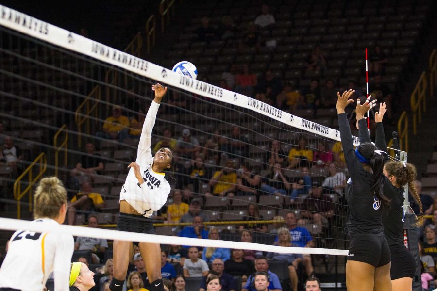 Iowa+outside+hitter+Taylor+Louis+spikes+a+ball+over+the+net+during+an+NCAA+volleyball+game+between+Iowa+and+Indiana+State+on+Saturday%2C+Sept.+2%2C+2017.+The+Hawkeyes+defeated+the+Sycamores%2C+3-1.+%28Joseph+Cress%2FThe+Daily+Iowan%29