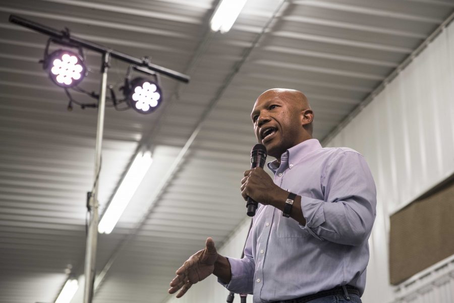 Gubernatorial candidate Ross Wilburn speaks during the Johnson County Democrats BBQ at the Johnson County Fairgrounds on Sunday, Oct. 15, 2017. Multiple gubernatorial candidates spoke at the event as well as guest speaker Rep. Dave Loebsack (D-Iowa). 