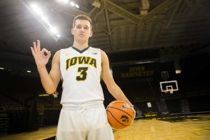 Iowa guard Jordan Bohannon poses for a portrait during mens basketball media day in Carver-Hawkeye Arena on Monday, Oct. 16, 2017. 