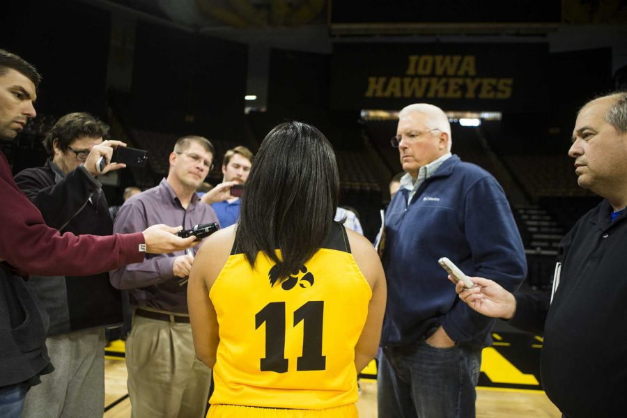 Iowa guard Tania Davis speaks with members of the media during the women's basketball media in Carver-Hawkeye Arena on Monday, Oct. 23, 2017. The Hawkeyes will open up an exhibition game against Minnesota State-Moorhead on Nov. 5 at 7 p.m. in Carver. (Joseph Cress/The Daily Iowan)