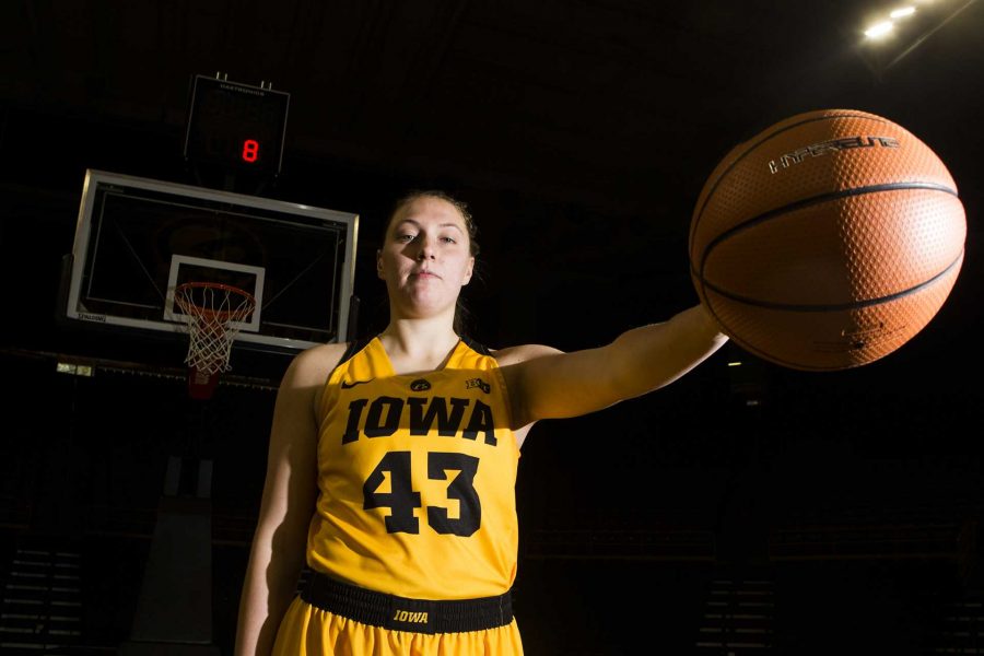 Iowa sophomore center Amanda Ollinger poses for a portrait during the womens basketball media in Carver-Hawkeye Arena on Monday, Oct. 23, 2017.  (Joseph Cress/The Daily Iowan)