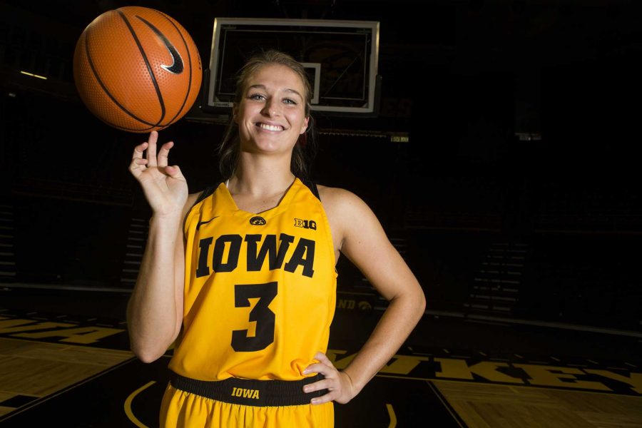 Iowa sophomore guard Makenzie Meyer poses for a portrait during the womens basketball media in Carver-Hawkeye Arena on Monday, Oct. 23, 2017. The Hawkeyes will open up an exhibition game against Minnesota State-Moorhead on Nov. 5 at 7 p.m. in Carver. (Joseph Cress/The Daily Iowan)