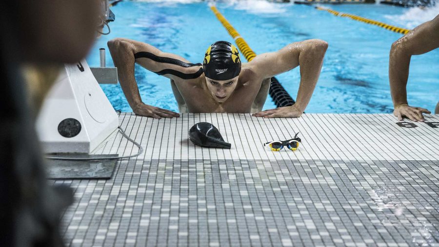 A swimmer climbs out of the water during the Senior Day meet between Iowa and Minnesota at the Campus Recreation and Wellness Center on Friday, Oct. 27, 2017. The Iowa mens swimming team beat the 21st ranked Minnesota Golden Gophers 168-132. (Ben Smith/The Daily Iowan)