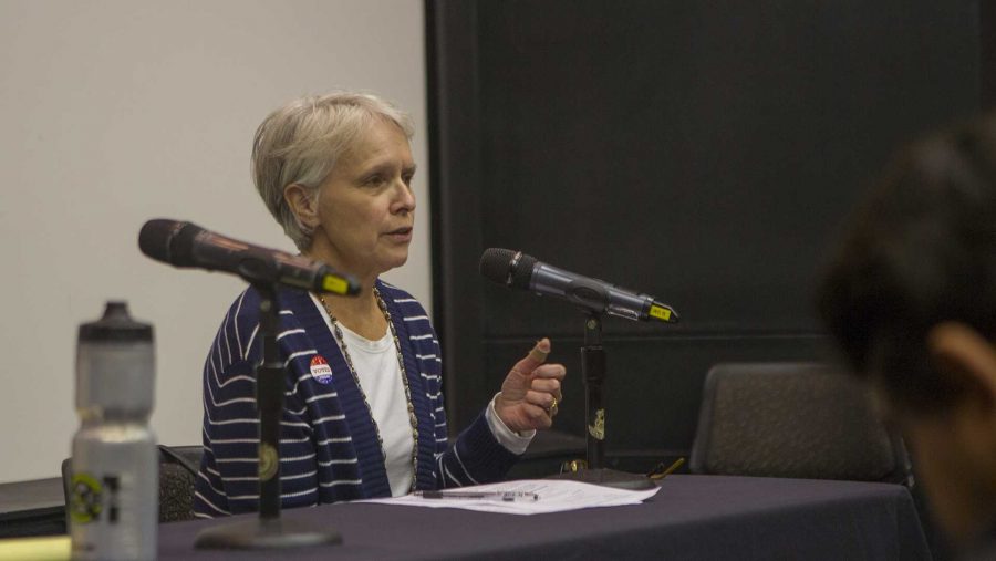 Iowa City City Council District B candidate Susan Mims speaks during the UISG City Council Forum in the IMU on Wednesday, Oct. 18, 2017. The event gave students and community members the opportunity to ask city council candidates about the issues. (Lily Smith/The Daily Iowan)