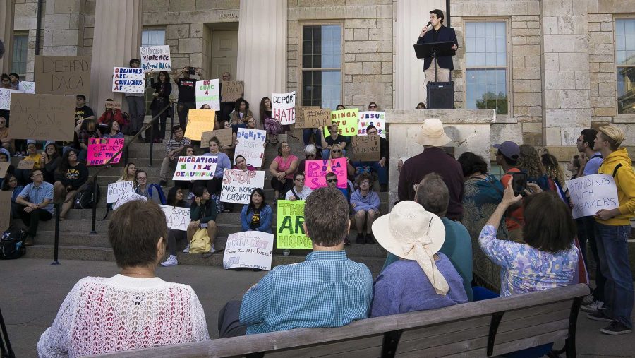 UI student Emiliano Martinez, Hawkeyes for DREAM Iowa president, speaks before a hundreds strong crowd of Deferred Action for Childhood Arrivals supporters at the Old Capitol Building on Thursday, Sept. 7, 2017. The Trump administrations decision to rescind DACA has been a highly controversial issue in national politics. (James Year/The Daily Iowan)