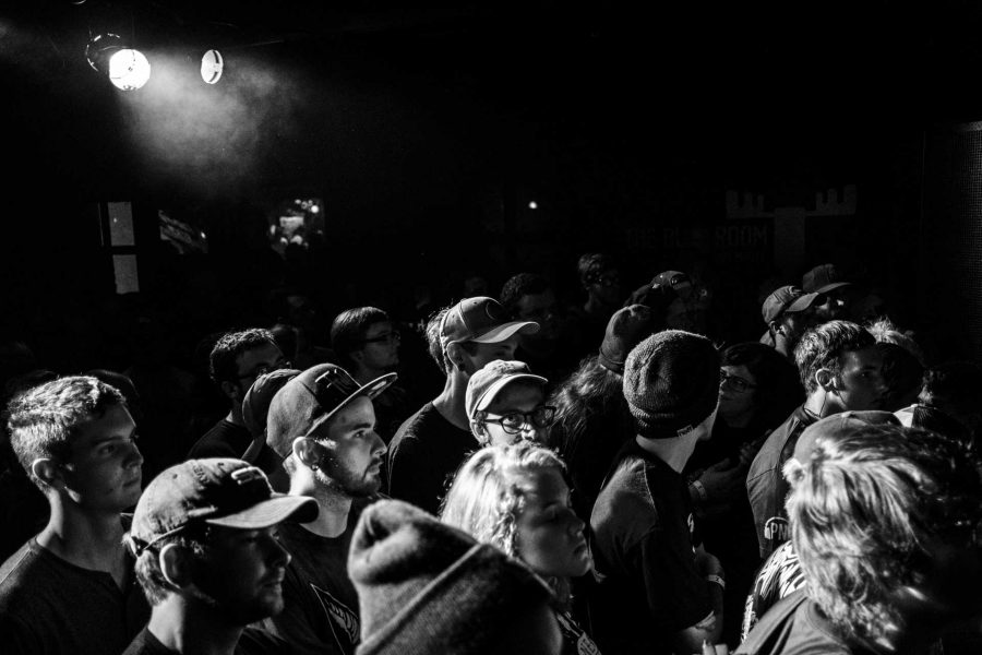 Concert goers wait between sets at Blue Moose on Saturday October 21, 2017. The show was headlined by the hardcore punk band Knocked Loose. (Nick Rohlman/The Daily Iowan)