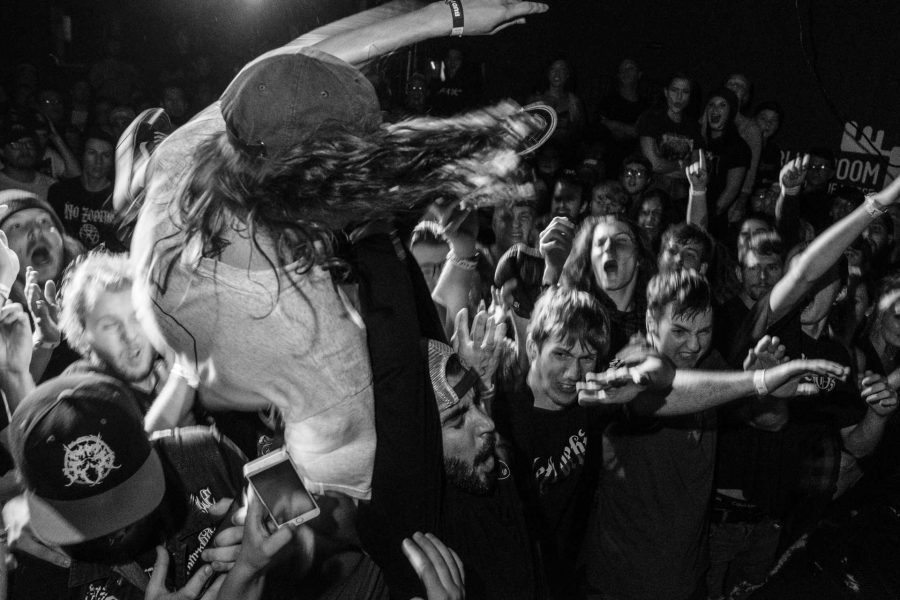 Bryan Garris of Knocked Loose crowd surfs during a concert at Blue Moose on Saturday October 21, 2017. The show was headlined by the hardcore punk band Knocked Loose. (Nick Rohlman/The Daily Iowan)