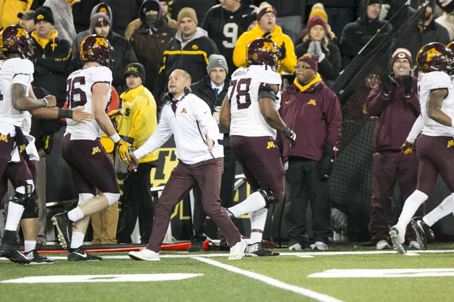 Minnesota+head+coach+P.J.+Fleck+cheers+on+players+after+scoring+during+an+Iowa%2FMinnesota+football+game+in+Kinnick+Stadium+on+Saturday%2C+Oct.+28%2C+2017.+The+Hawkeyes+defeated+the+Golden+Gophers%2C+17-10.+%28Joseph+Cress%2FThe+Daily+Iowan%29