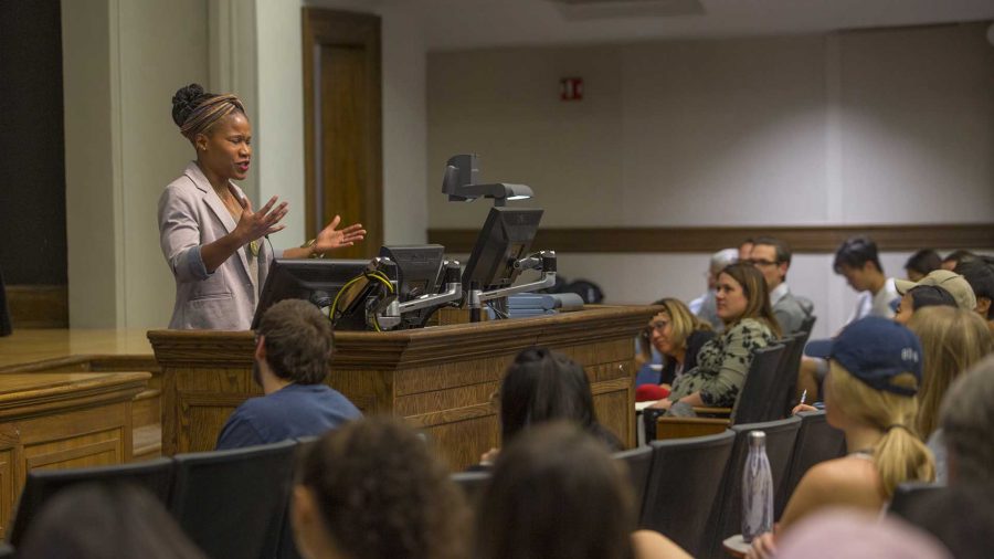 Majora Carter speaks during her Home(town) Security lecture in the McBride Auditorium on Monday, Oct. 2, 2017. Carter is a urban revitalization strategy consultant, specializing in social enterprise and economic development in low-status communities. (Lily Smith/The Daily Iowan)