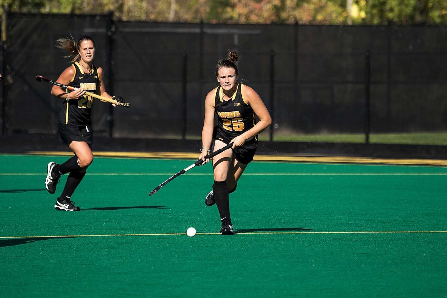 Maddy Murphy looks upfield during a match against the University of Indiana Field Hockey team on Friday, 29 Sept., 2017. Iowa won the match 4-3. (David Harmantas/The Daily Iowan)