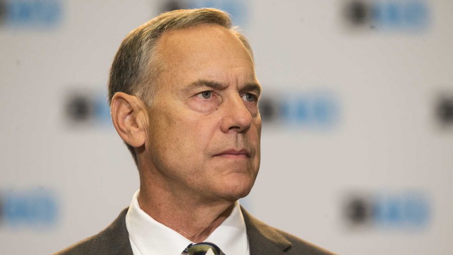 Michigan State head coach Mark Dantonio speaks during the Big Ten Media Days at McCormick Place Convention Center in Chicago on Monday, July 24, 2017. (Joseph Cress/The Daily Iowan)