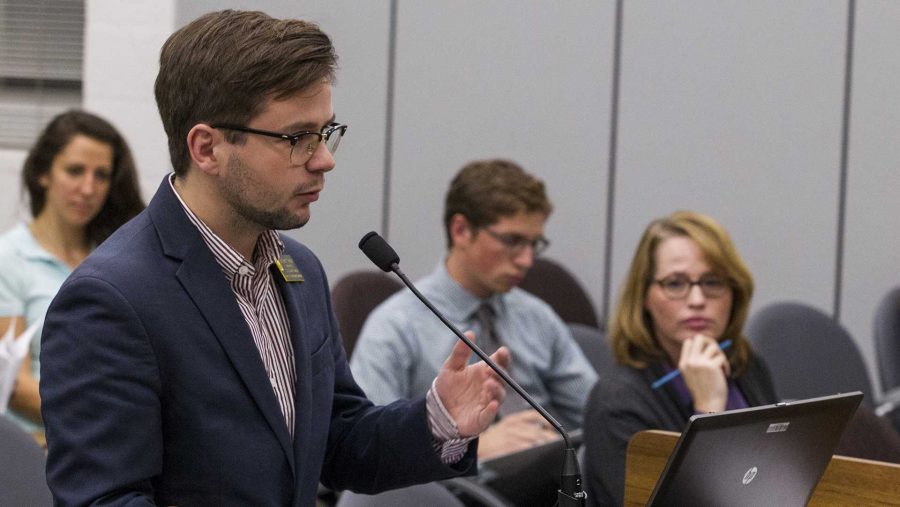 UISG city Council Liaison Benjamin Nelson addresses the city council during a meeting on Tuesday, Oct. 2, 2017. the council unanimously passed a measure making rent abatement easier in situations where landlords violate housing code. (Nick Rohlman/The Daily Iowan)