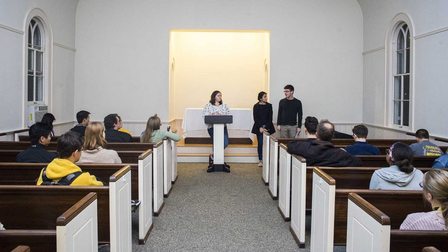 UISG meets in the Danworth Chapel on Monday. The UISG meeting focused on mental-heath issues. (James Year/The Daily Iowan)
