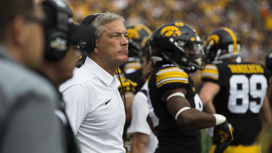 Iowa+head+coach+Kirk+Ferentz+looks+the+field+during+an+NCAA+football+game+between+Iowa+and+Wyoming+in+Kinnick+Stadium+on+Saturday%2C+Sept.+2%2C+2017.+The+Hawkeyes+defeated+Wyoming%2C+24-3.+%28Joseph+Cress%2FThe+Daily+Iowan%29