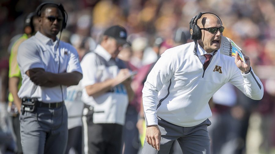 Minnesota head coach P.J. Fleck on the sidelines during the first quarter against Maryland at TCF Bank Stadium in Minneapolis on Saturday, Sept. 30, 2017. The visiting Terrapins won, 31-24. (Elizabeth Flores/Minneapolis Star Tribune/TNS)