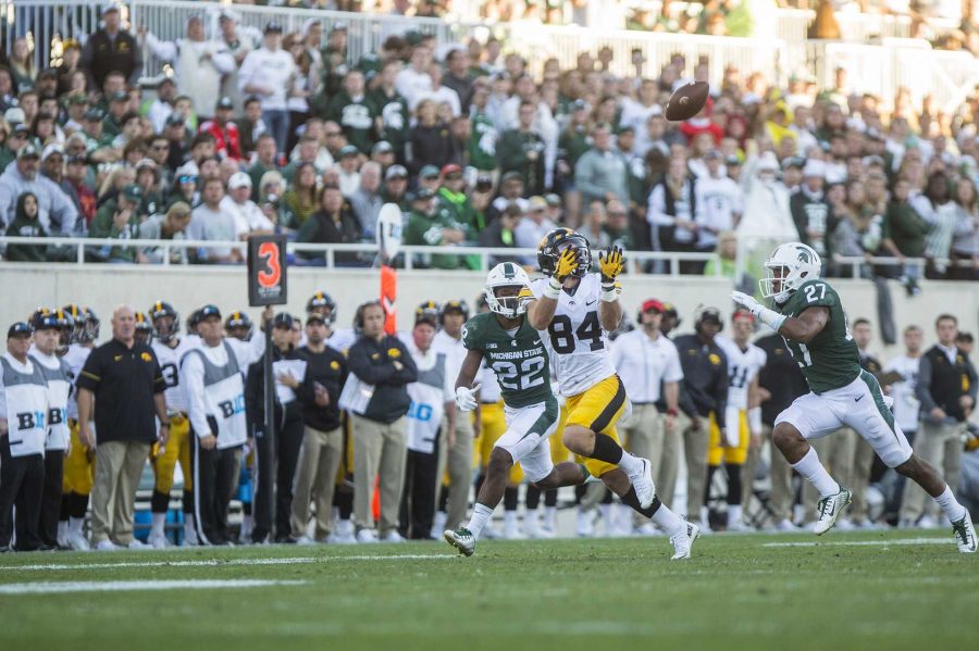 Iowa wide receiver Nick Easley makes an over the shoulder catch during the game between Iowa and Michigan State at Spartan Stadium on Saturday Sept. 30, 2017. The Spartans defeated the Hawkeyes 17-10. (Nick Rohlman/The Daily Iowan)