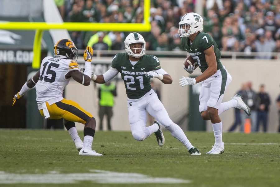 Spartans wide receiver Cody White runs with the ball during the game between Iowa and Michigan State at Spartan Stadium on Saturday Sept. 30, 2017. The Spartans defeated the Hawkeyes 17-10. (Nick Rohlman/The Daily Iowan)