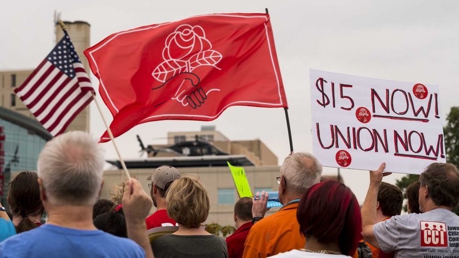 Protestors demonstrate at Mercy Hospital in Des Moines on Monday September, 4 2017. Protestors attended multiple events in Des Moines on Labor Day in order to demonstrate in support of a fifteen dollar per hour minimum wage and private sector unions. (Nick Rohlman/The Daily Iowan)