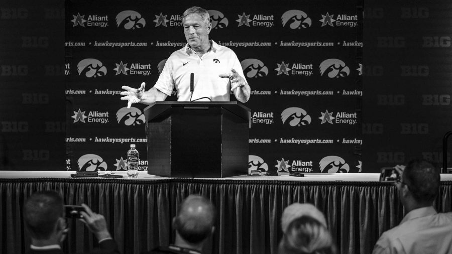 Iowa+head+coach+Kirk+Farentz+takes+questions+from+the+media+after+the+game+between+Iowa+and+Michigan+State+at+Spartan+Stadium+on+Saturday+Sept.+30%2C+2017.+The+Spartans+defeated+the+Hawkeyes+17-10.+%28Nick+Rohlman%2FThe+Daily+Iowan%29