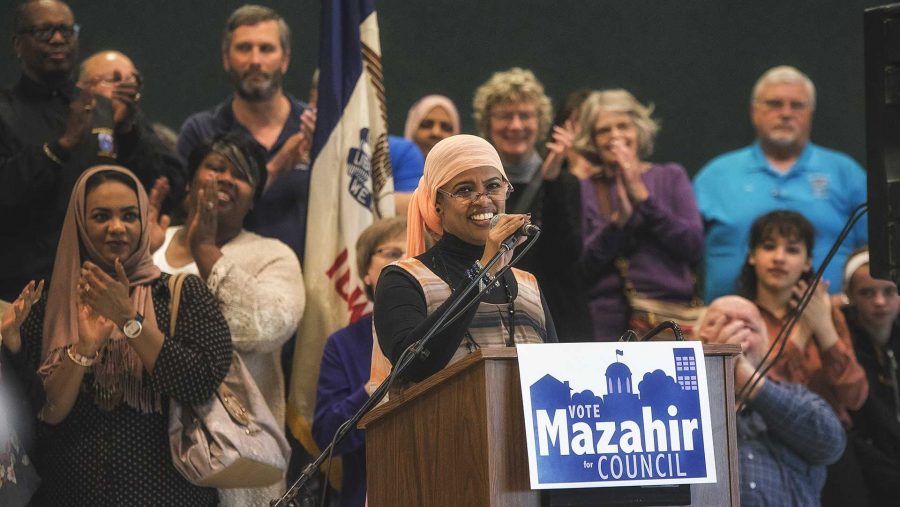 Iowa City resident, Mazahir Salih, announces her cadidacy for city council at the Robert A. Lee Recreation Center on Monday, March 6, 2017. (The Daily Iowan/James Year)