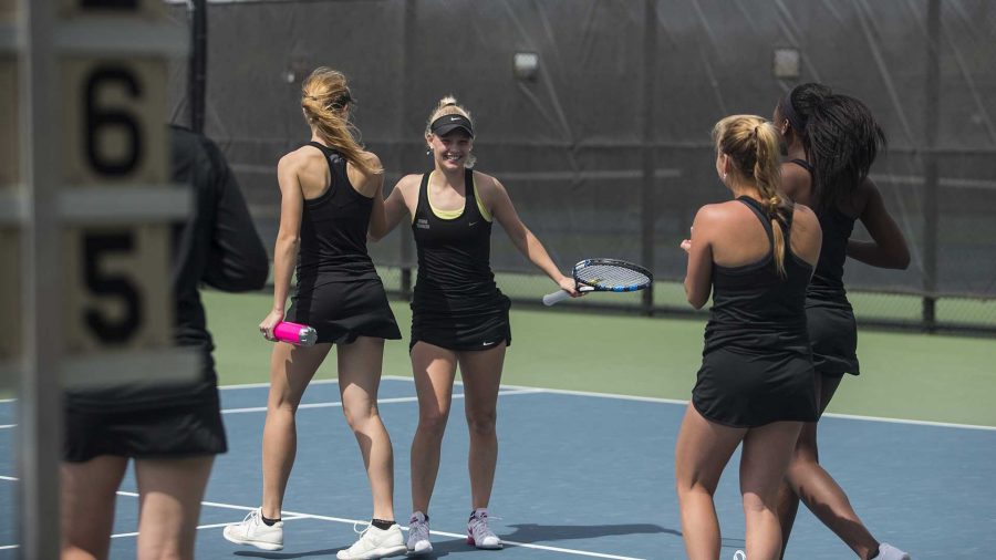 Iowas+Kristen+Thoms+celebrates+during+the+match+against+Penn+State+at+Hawkeye+Tennis+and+Recreation+Complex+on+Sunday%2C+April+9.+The+Hawkeyes+went+on+to+defeat+the+Nittany+Lions+6-1.+%28The+Daily+Iowan%2FBen+Smith%29