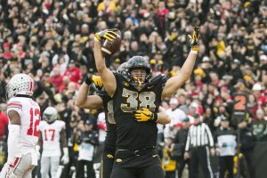 Iowa tight end T.J. Hockenson celebrates after catching a touchdown pass during the Iowa/Ohio State football game in Kinnick Stadium on Saturday, Nov. 4, 2017. The Hawkeyes defeated the Buckeyes in a storming fashion, 55-24. (Joseph Cress/The Daily Iowan)