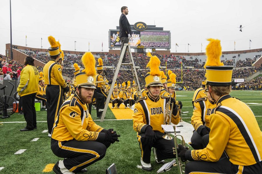 Members of the Iowa Marching band wait to perform before Iowa's game against Ohio State at Kinnick Stadium on Saturday, Nov. 4, 2017. The Hawkeyes defeated the Buckeyes 55 to 24. (Nick Rohlman/The Daily Iowan)