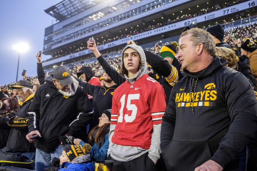 An Ohio State fan reacts to the score at the start of the fourth quarter during Iowa's game against Ohio State at Kinnick Stadium on Saturday, Nov. 4, 2017. The Hawkeyes defeated the Buckeyes 55 to 24. (Nick Rohlman/The Daily Iowan)