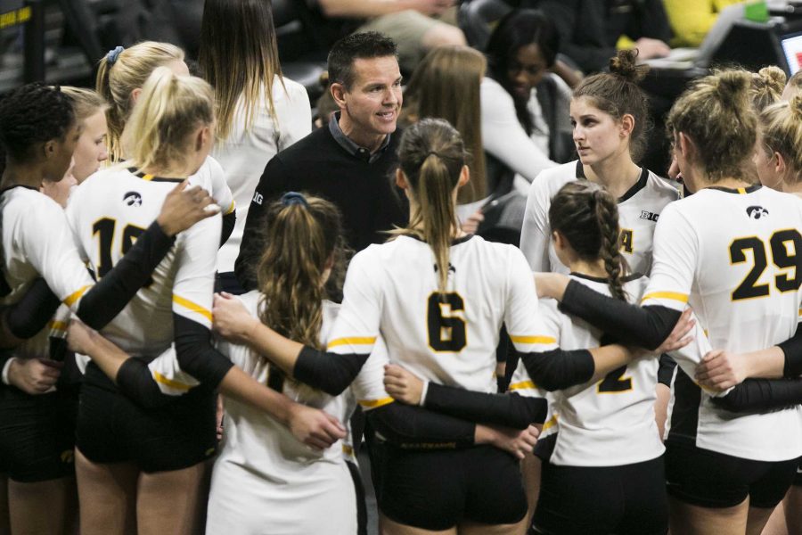Iowa head coach Bond Shymanksy talks to players in a timeout during an Iowa/Purdue volleyball game in Carver-Hawkeye Arena on Sunday, Nov. 5, 2017. The Boilermakers defeated the Hawkeyes, 3-2. (Joseph Cress/The Daily Iowan)