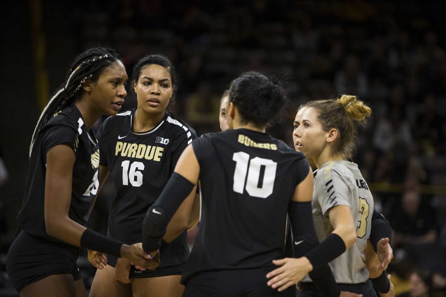 Purdue outside hitter Sherridan Atkinson (16) looks to teammates during an Iowa/Purdue volleyball game in Carver-Hawkeye Arena on Sunday, Nov. 5, 2017. The Boilermakers defeated the Hawkeyes, 3-2. (Joseph Cress/The Daily Iowan)