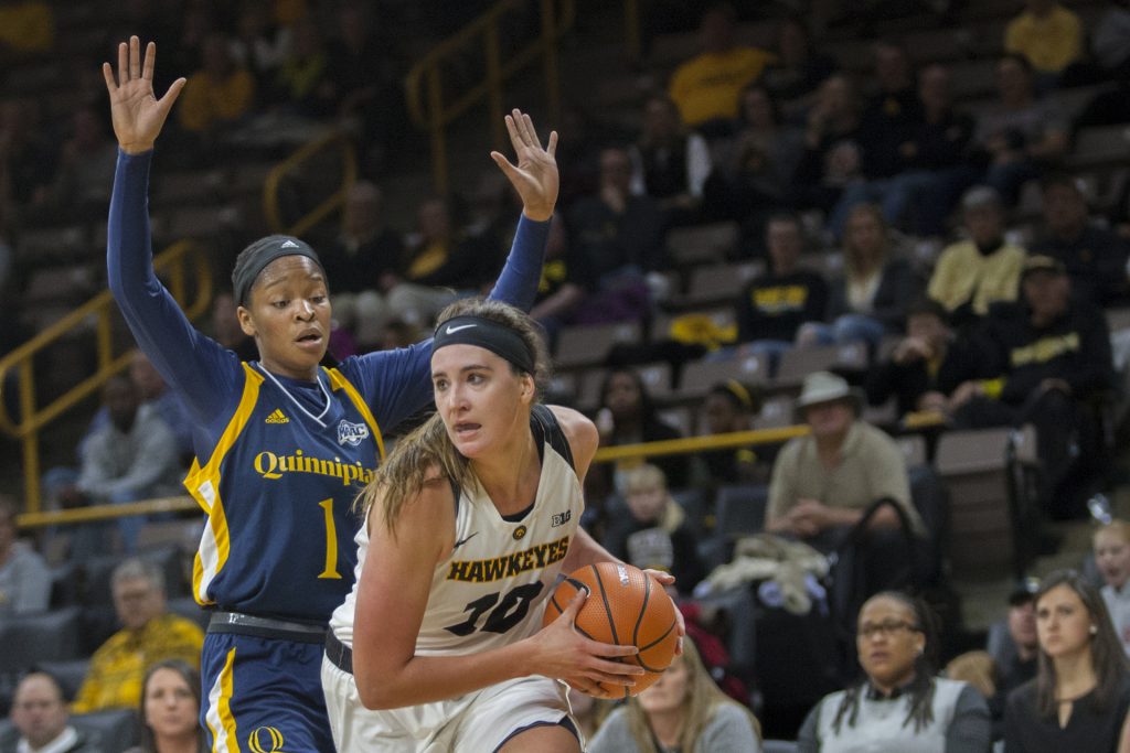Iowa center Megan Gustafson during the Iowa/Quinnipiac basketball game at Carver-Hawkeye Arena on Friday, Nov. 10, 2017. The Hawkeyes defeated the Bobcats, 83-67, for head coach Lisa Bluders 700 career win. (Lily Smith/The Daily Iowan)