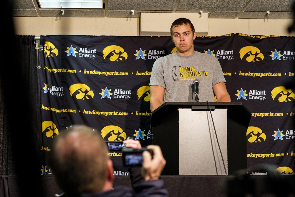 Iowa quarterback Nate Stanley answers questions from the media after Iowa's game against Wisconsin at Camp Randall Stadium on Saturday, Nov. 11, 2017. The badgers defeated the Hawkeyes 38-14. (Nick Rohlman/The Daily Iowan)