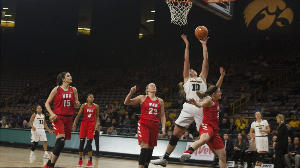 Iowas Megan Gustafson shooting at Carver Hawkeye Arena on Saturday, Nov. 11, 2017. The Hawkeyes defeated the Lady Toppers 104-97 in overtime. (Ashley Morris/The Daily Iowan)