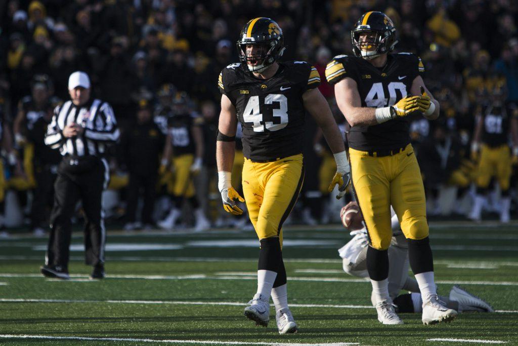 Iowa+linebacker+Josey+Jewell+celebrates+after+getting+a+sack+with+teammate+Parker+Hesse+during+the+Iowa%2FPurdue+football+game+in+Kinnick+Stadium+on+Saturday%2C+Nov.+18%2C+2017.+The+Boilermakers+defeated+the+Hawkeyes%2C+24-15.+%28Joseph+Cress%2FThe+Daily+Iowan%29