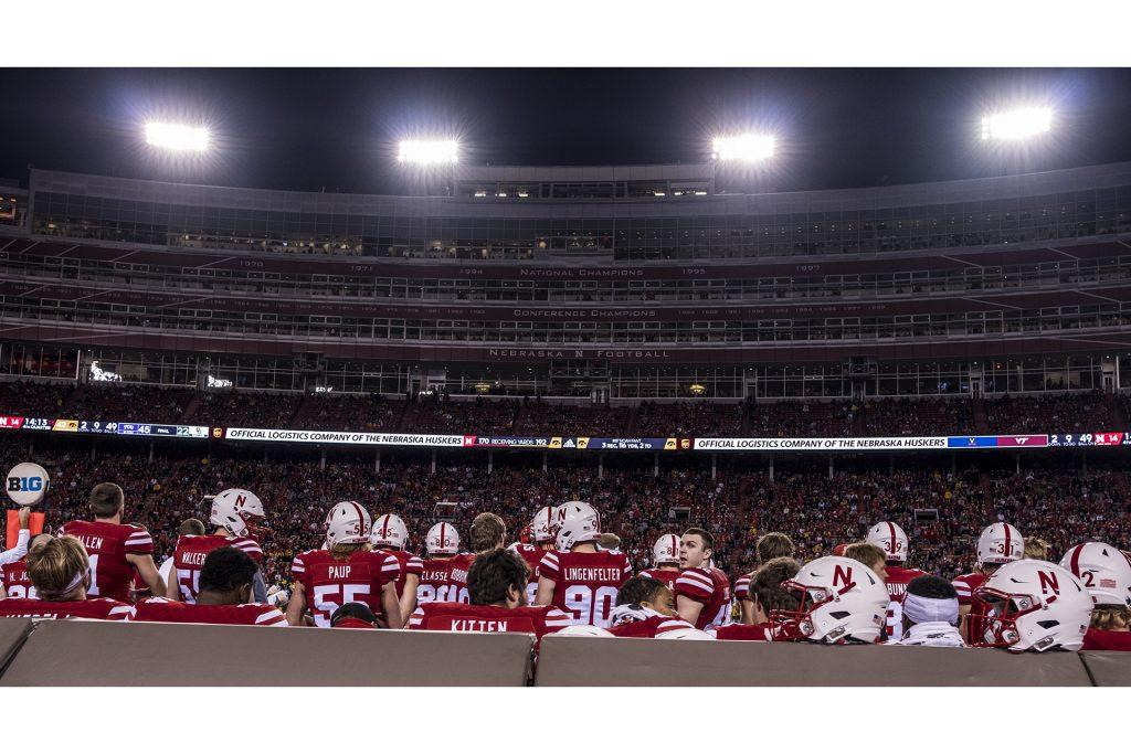 Nebraska players sit on bench during Iowa's game against Nebraska at Memorial Stadium on Friday, Nov. 24th, 2017. The Hawkeyes defeated the Cornhuskers 56-14. (Nick Rohlman/The Daily Iowan)