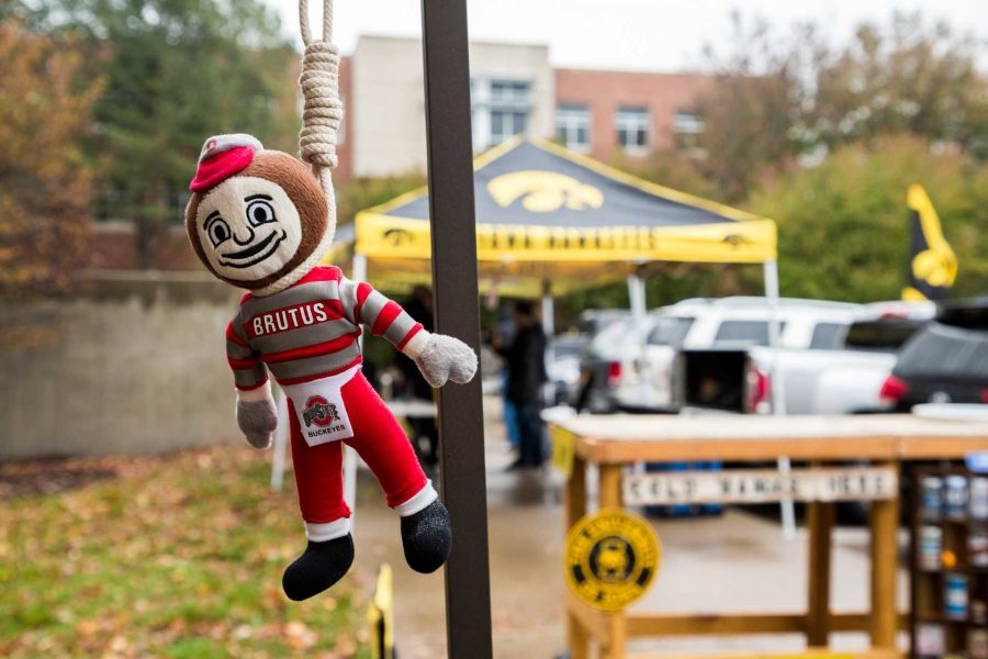 The Ohio State mascot is hanged in effigy in the library parking lot before the football game between the University of Iowa and Ohio State University on Saturday, Nov. 4, 2017. (David Harmantas/The Daily Iowan)