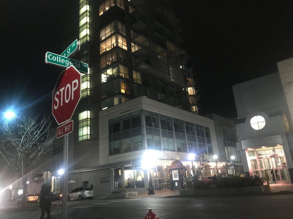 The corner of Linn and College streets is seen on Nov. 11 shortly after a Hawk Alert reported shots fired in the area. (Lily Smith/The Daily Iowan)