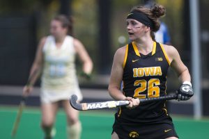 Iowa forward Maddy Murphy looks to a teammate during a field hockey game during the Big Ten/ACC Challenge at Grant Field in Iowa City on Saturday, Aug. 26, 2017. The Hawkeyes fell to Wake Forest, 3-2. (Joseph Cress/The Daily Iowan)