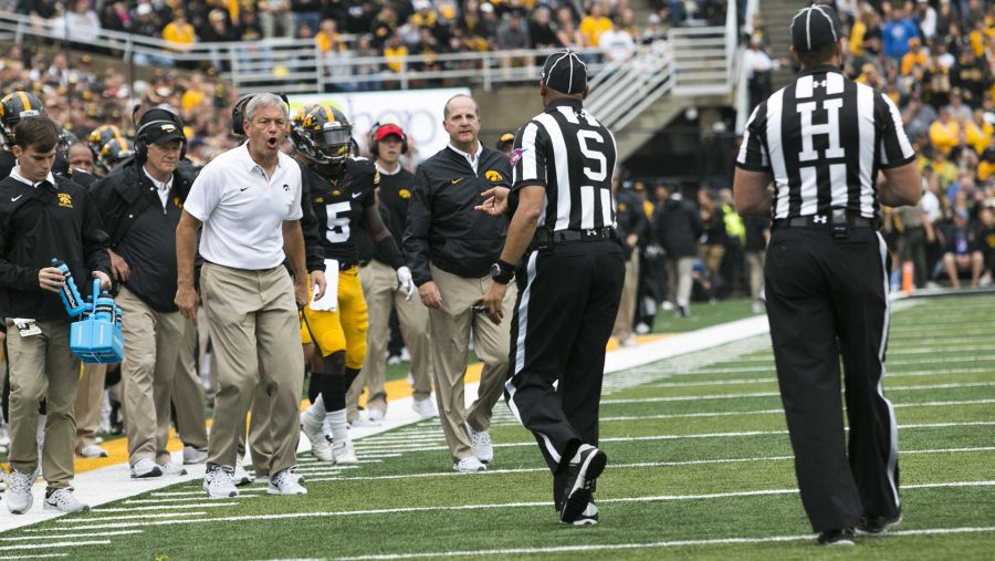 Iowa coach Kirk Ferentz yells at a referee during the Illinois game in Kinnick on Oct. 7.  The Hawkeyes defeated the Illini, though not politely, 45-16. (Joseph Cress/The Daily Iowan)