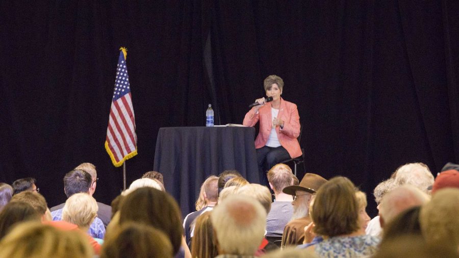 Iowa Sen. Joni Ernst, R-Iowa, answers questions at a Town Hall meeting in the Iowa Memorial Union on Friday, Sept. 22, 2017. The crowd was filled with energetic and concerned voters from all political affiliations.  (James Year/The Daily Iowan)